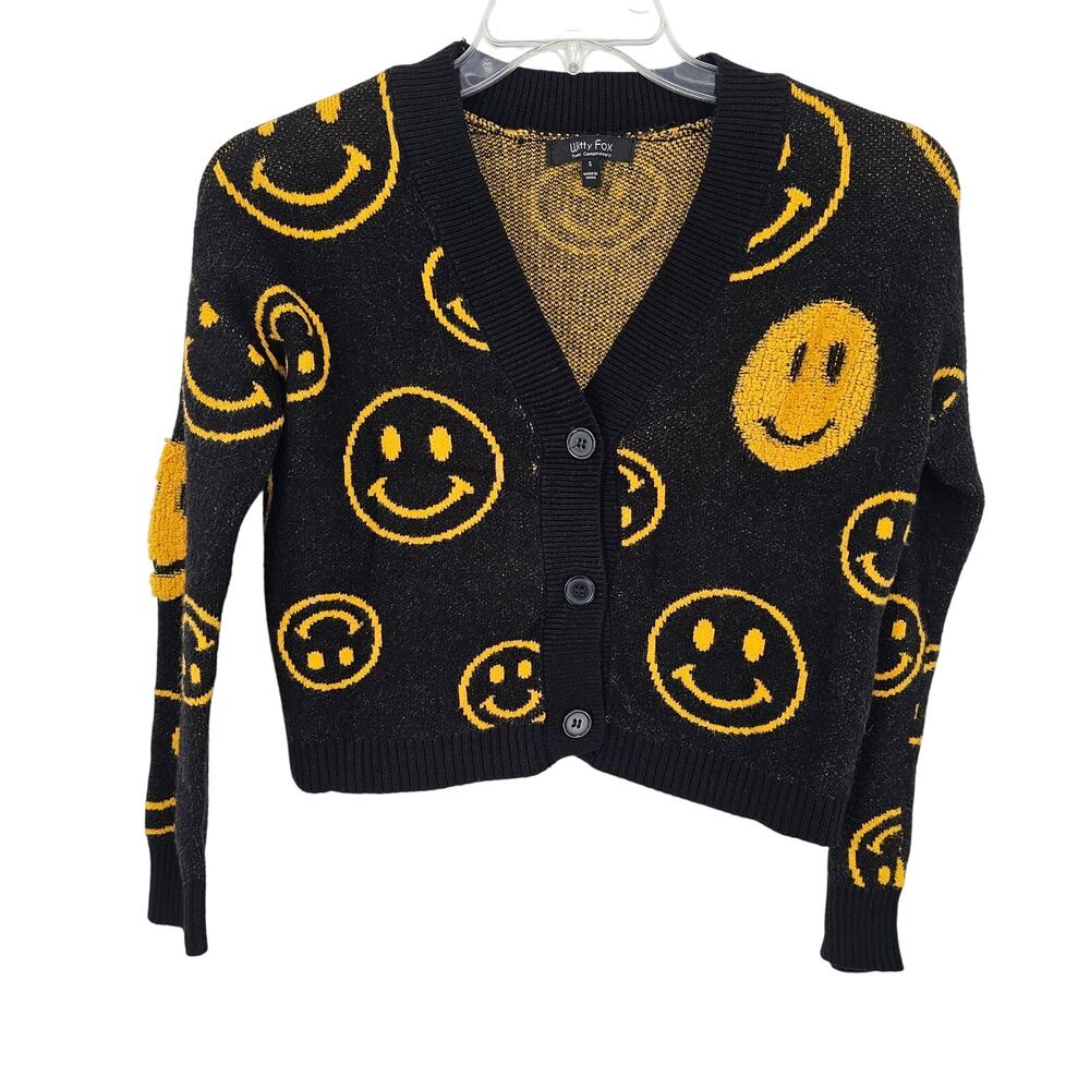Witty Fox Black Yellow Happy Smiley Face Cardigan Sweater Cropped Y2K  Grunge S